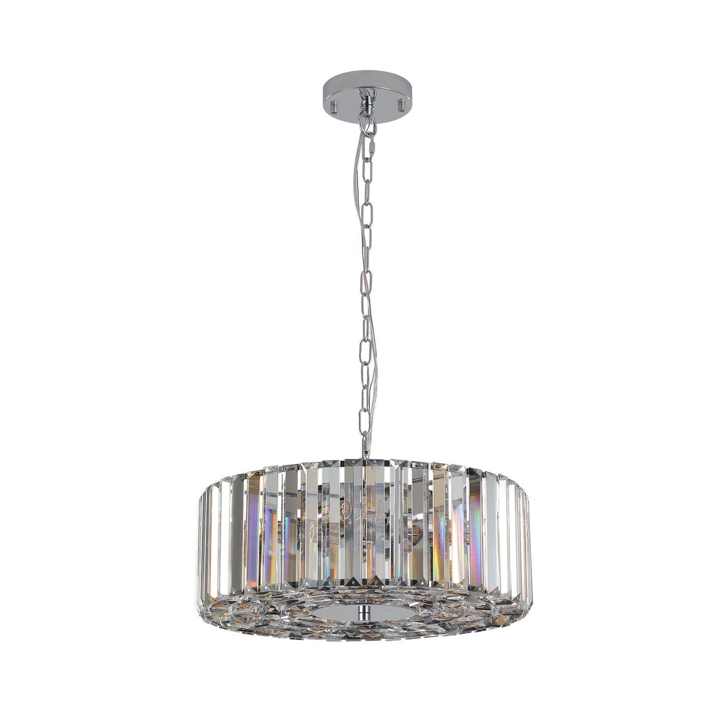 17' Chrome Crystal Pendant Chandelier by HouseOfZazla with crystal prism ring and chrome chain on Tampa Home & Garden Store