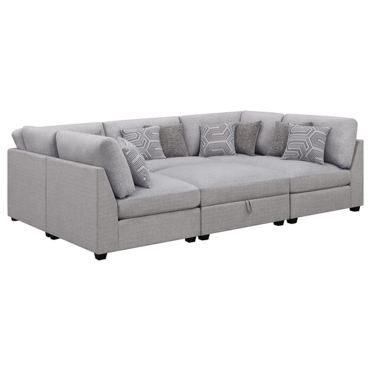 Lafayette modular sectional sofa, 2-piece set in light gray fabric with patterned throw pillows on Tampa Home & Garden Store