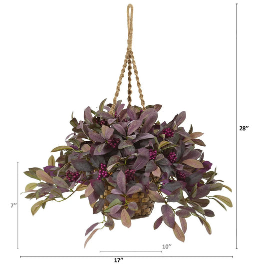 Artificial Laurel Leaf With Berries plant in hanging basket burgundy leaves purple berries 28in on Tampa Home & Garden Store