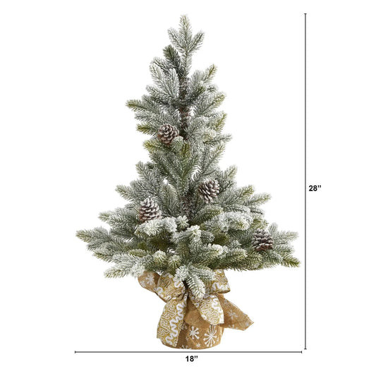 Nearly Natural 28 inch flocked Christmas tree with pine cones and frosted needles, gold bow base on Tampa Home & Garden Store