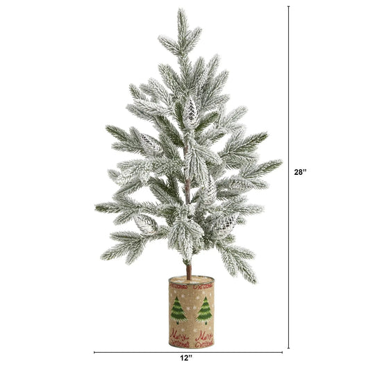 Nearly Natural 28-Inch Flocked Christmas Tree in burlap planter with holiday motif on Tampa Home & Garden Store