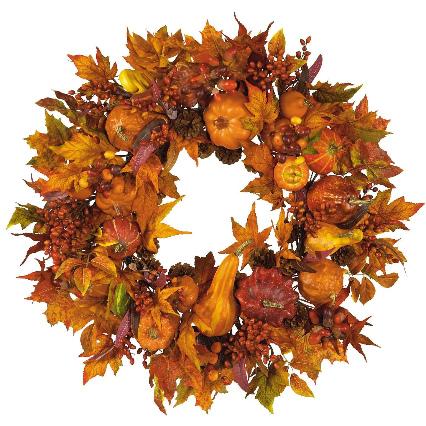 Harvest Wreath with pumpkins and autumn leaves featuring orange gourds, leaves, berry accents on Tampa Home & Garden Store