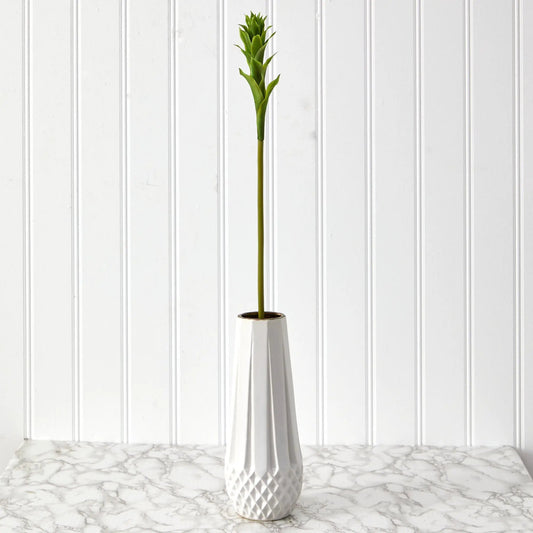 28 Inch Mini Star Bromeliad artificial flower stem with green leaves in white textured vase on Tampa Home & Garden Store