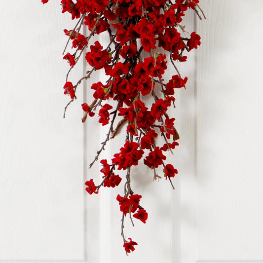 28 Inch Plum Blossom Teardrop Arrangement artificial red blossoms on brown twigs Nearly Natural on Tampa Home & Garden Store