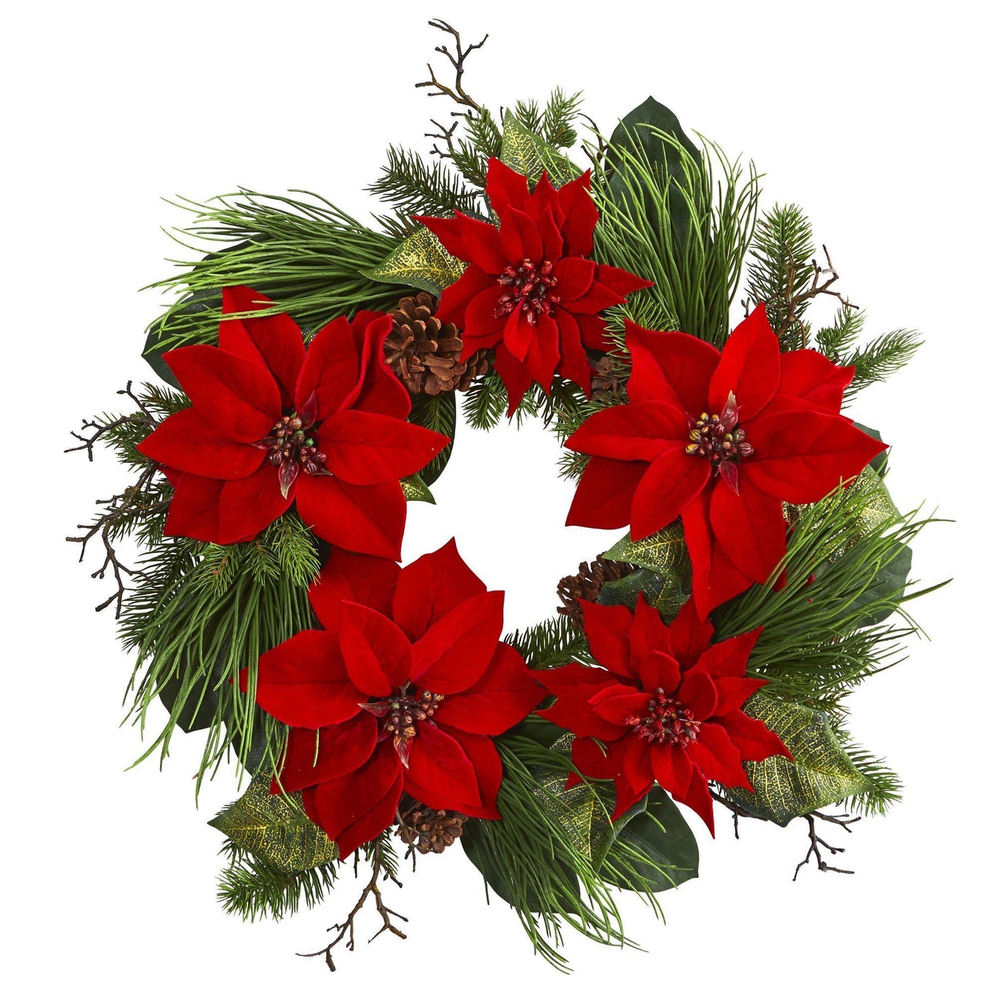 Wreath 28-inch Nearly Natural Poinsettias and Pine with red blooms and pine needles on Tampa Home & Garden Store
