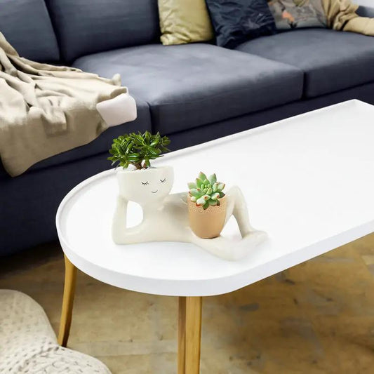 Funny resin succulent planter in a white lounging figure with two pots on a coffee table on Tampa Home & Garden Store