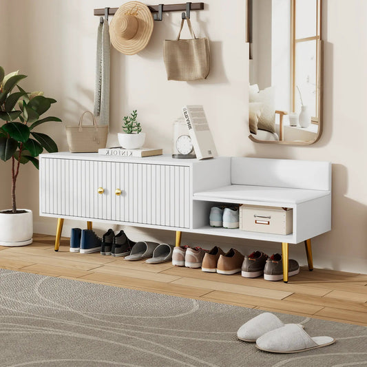 Modern Shoe Storage Bench with Hidden Storage, white finish, gold legs, VIP Digital Presence on Tampa Home & Garden Store