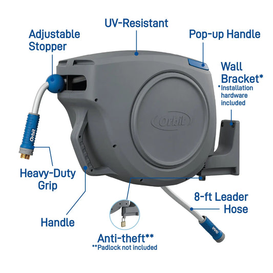 Orbit Auto Retract Hose Reel Fifty Foot gray housing with blue nozzle and pop-up handle on Tampa Home & Garden Store