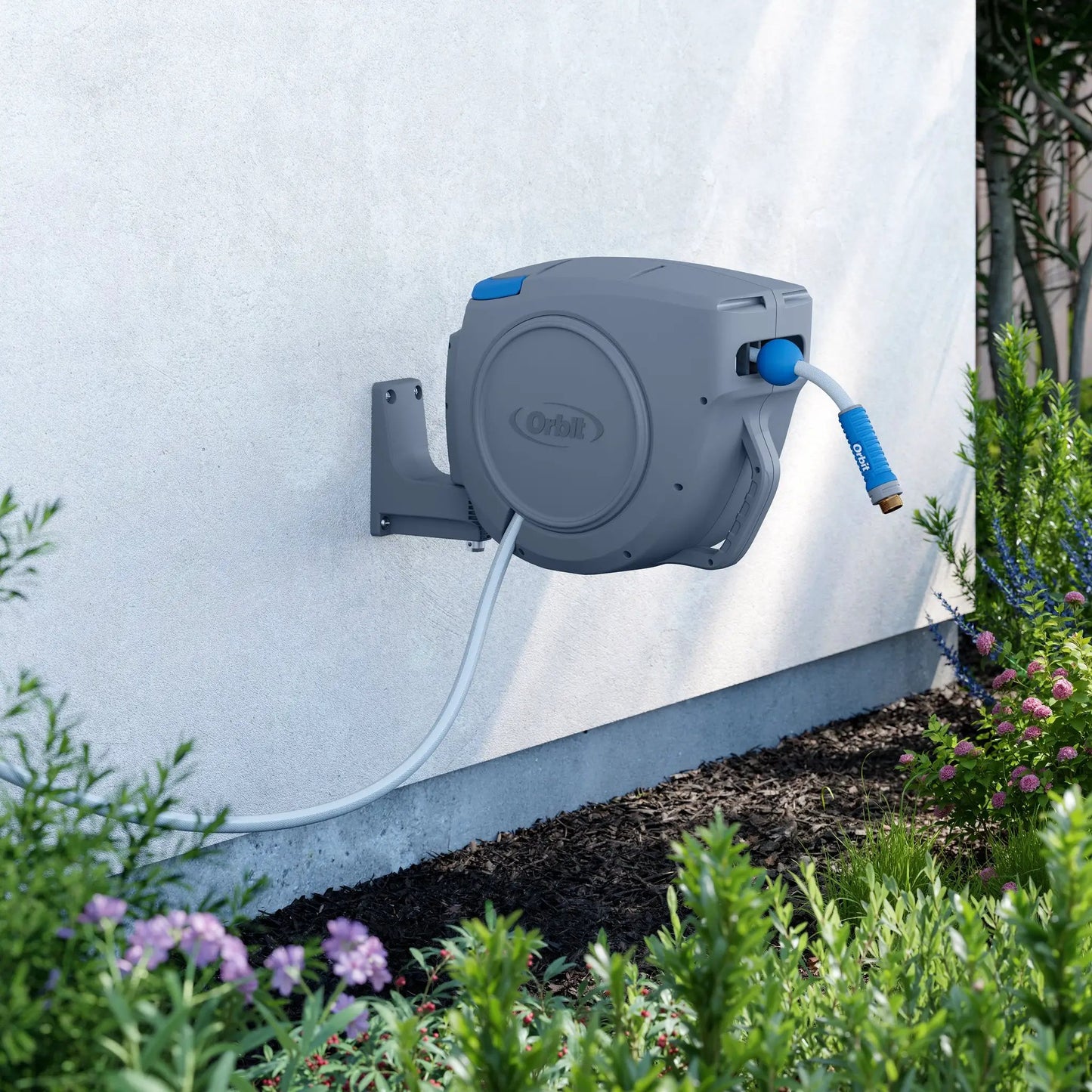 Orbit Auto Retract Hose Reel Fifty Foot gray housing with blue accents wall mounted on Tampa Home & Garden Store