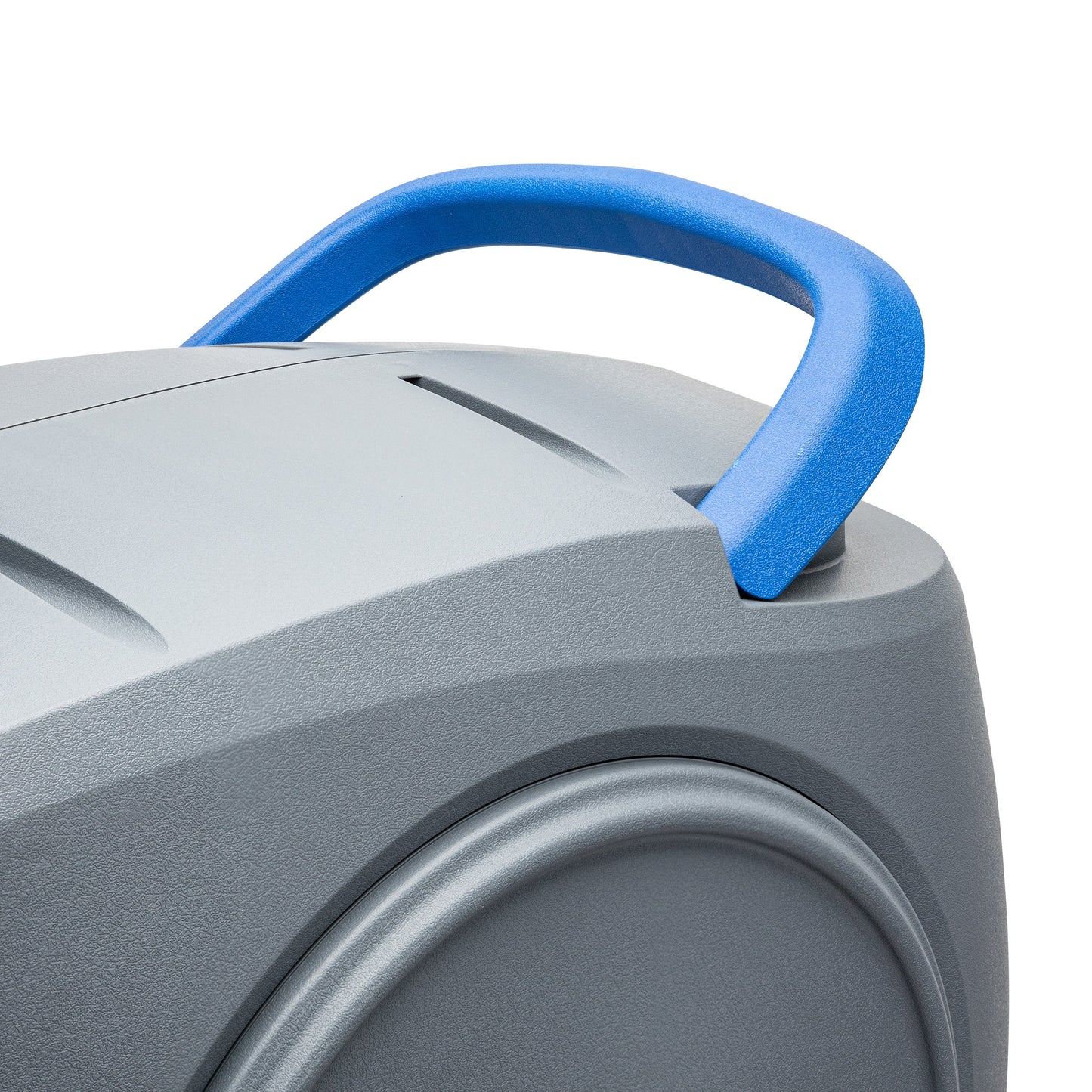 Auto retractable garden hose reel 100 ft with blue handle and gray housing Orbit Irrigation on Tampa Home & Garden Store