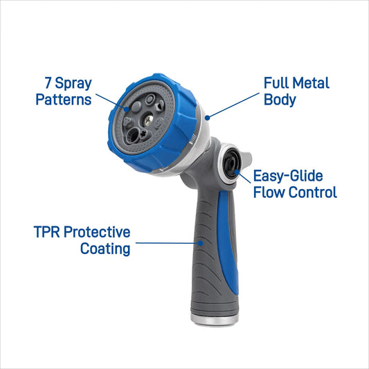 Orbit Elevated 7 Pattern Thumb Control Nozzle blue metal body with 7 spray patterns on Tampa Home & Garden Store