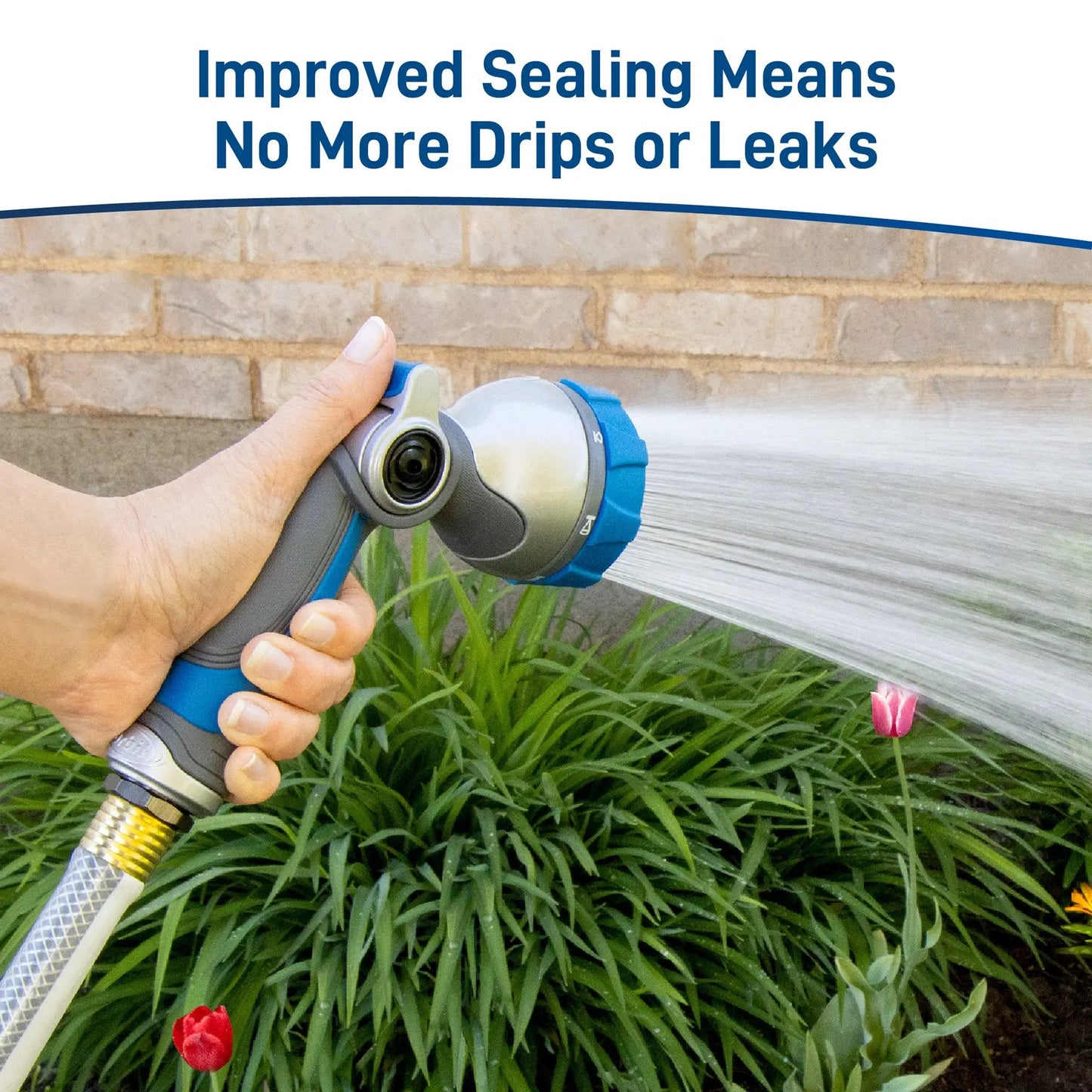 Orbit Elevated 7-Pattern Thumb Control Nozzle blue and gray metal garden hose spray nozzle on Tampa Home & Garden Store