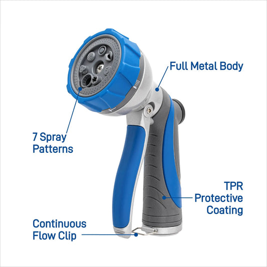 Orbit 7 Pattern Metal Front Trigger Nozzle, blue metal body with 7 spray patterns on Tampa Home & Garden Store