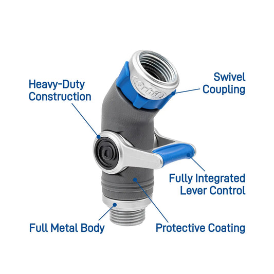 Orbit Elevated Gooseneck Shutoff Coupling garden hose valve with blue collar and full metal body on Tampa Home & Garden Store