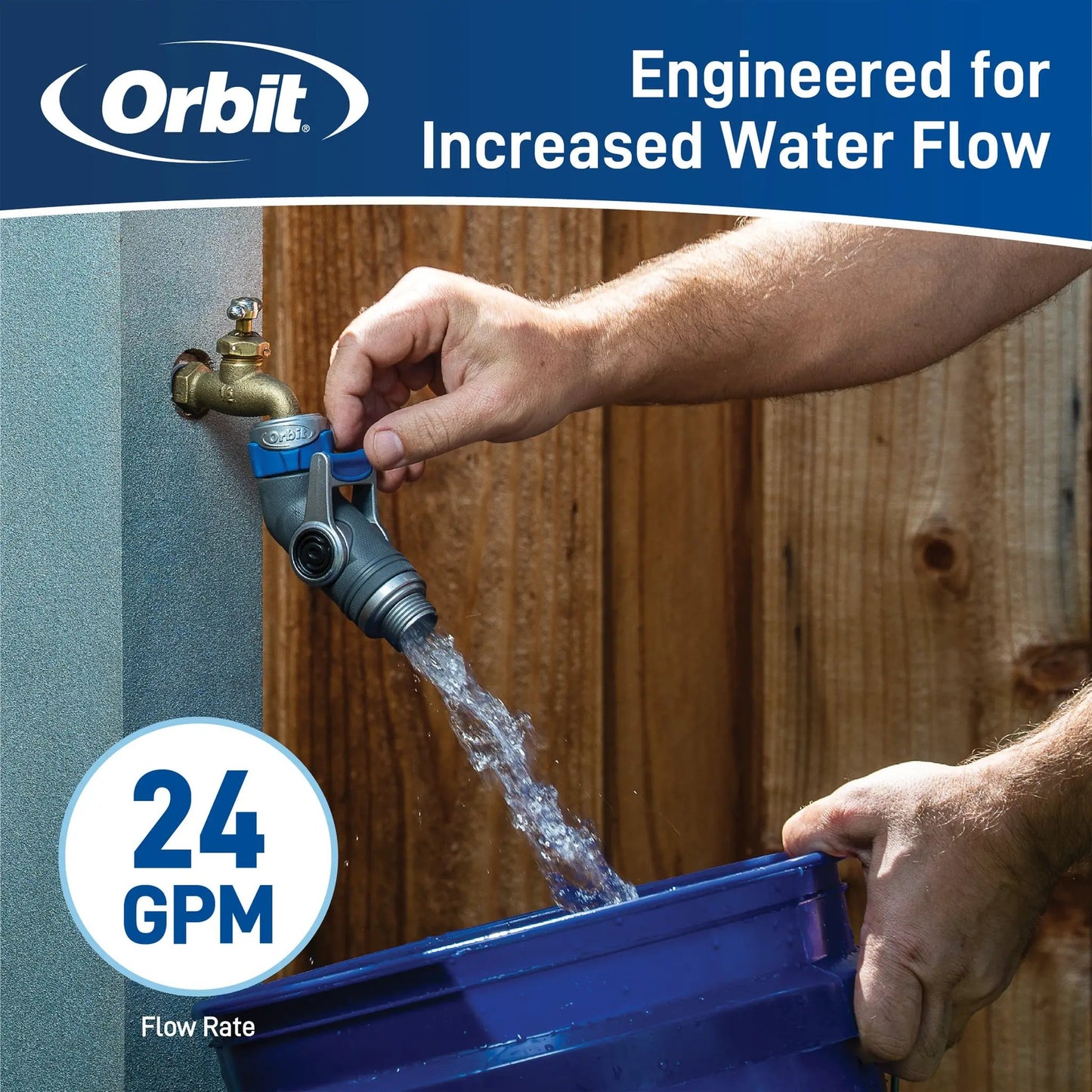 Orbit Elevated Gooseneck Shutoff Coupling with blue handle garden hose valve on Tampa Home & Garden Store