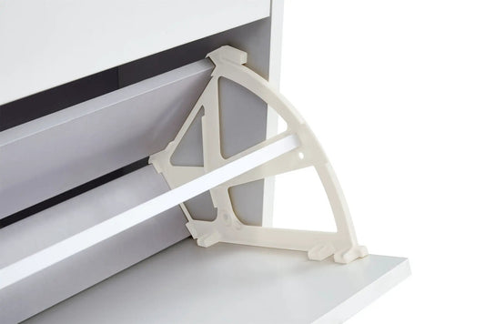White shoe cabinet with metal legs and storage shelves on Tampa Home & Garden Store