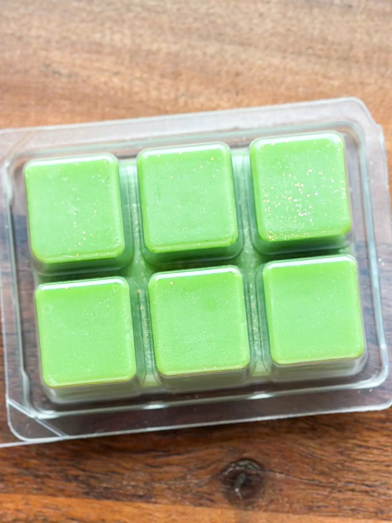 Faerie Bake Shop Cinnamon Nutmeg Pear Wax Melt squares, 6 green wax melts in clear tray on Tampa Home & Garden Store