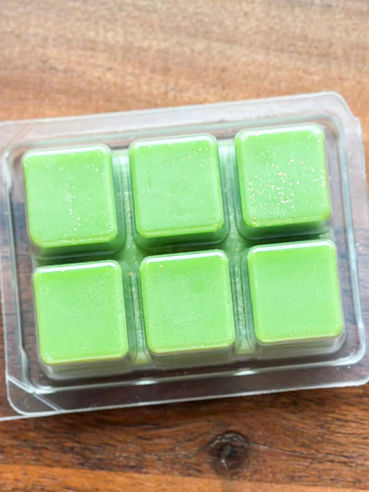 Faerie Bake Shop Cinnamon Nutmeg Pear Wax Melt squares, 6 green wax melts in clear tray on Tampa Home & Garden Store