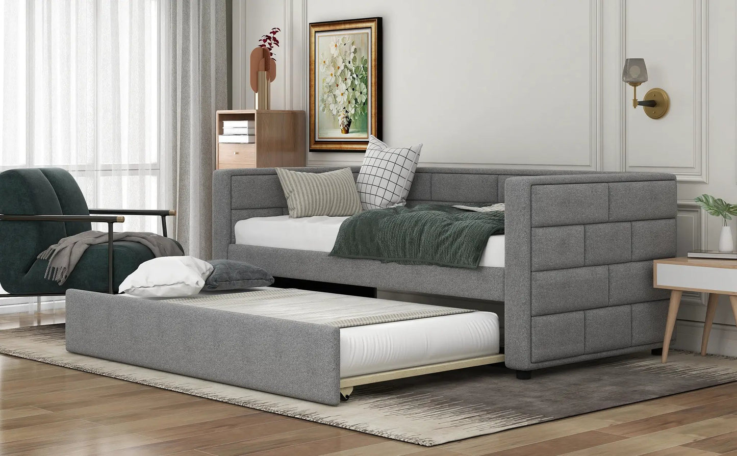 Twin Daybed with Trundle in Gray Upholstered Back, gray fabric frame with cushions in a modern bedroom on Tampa Home & Garden Store