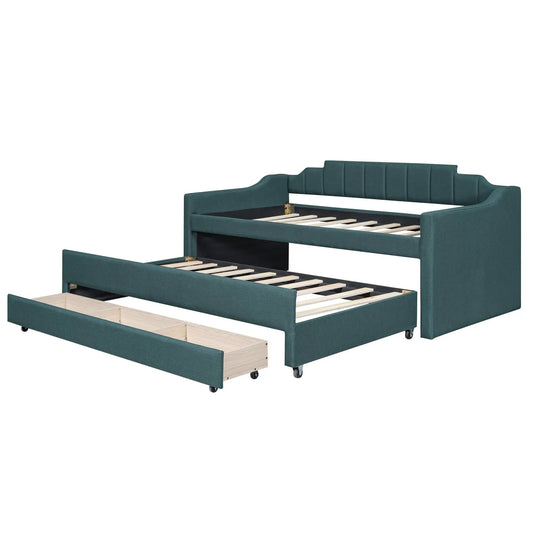 Twin upholstered daybed with trundle and drawers in teal fabric, two-piece set on Tampa Home & Garden Store