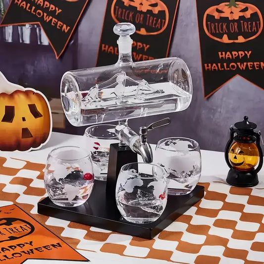 Maritime sailboat whiskey decanter with glass set on a black stand and four crystal tumblers on Tampa Home & Garden Store