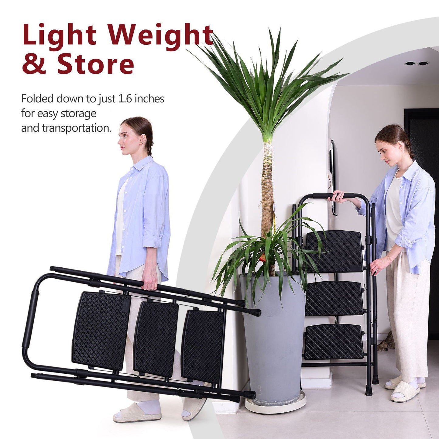 Escalera de cuatro peldaños, taburete plegable ligero de cuatro peldaños, pedal ancho antideslizante y asa de seguridad, escalera de acero resistente