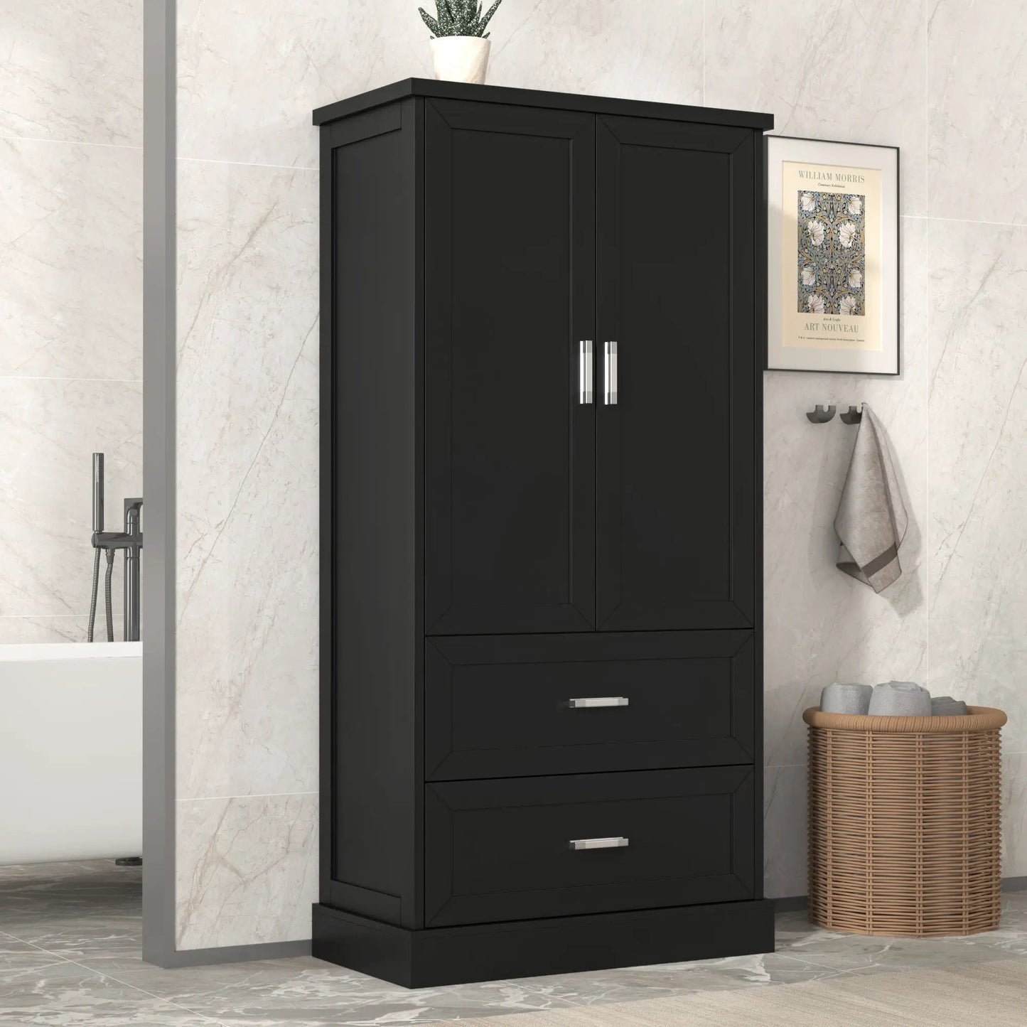 Tall Bathroom Cabinet With Two Doors and Drawers black finish chrome handles in marble bathroom on Tampa Home & Garden Store