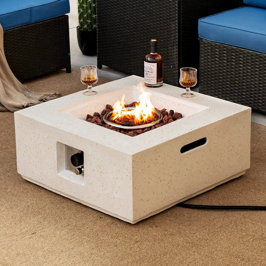 28 Inch Propane Fire Pit DirectDeals square white speckled concrete with lava rocks PVC cover on Tampa Home & Garden Store