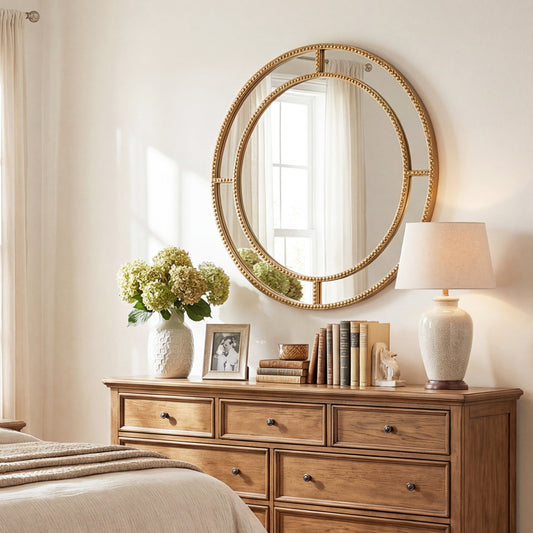 28 Inch Gold Round Wall Mirror with Beaded Frame for Living Room Entryway-Golden - Tampa Home & Garden Store