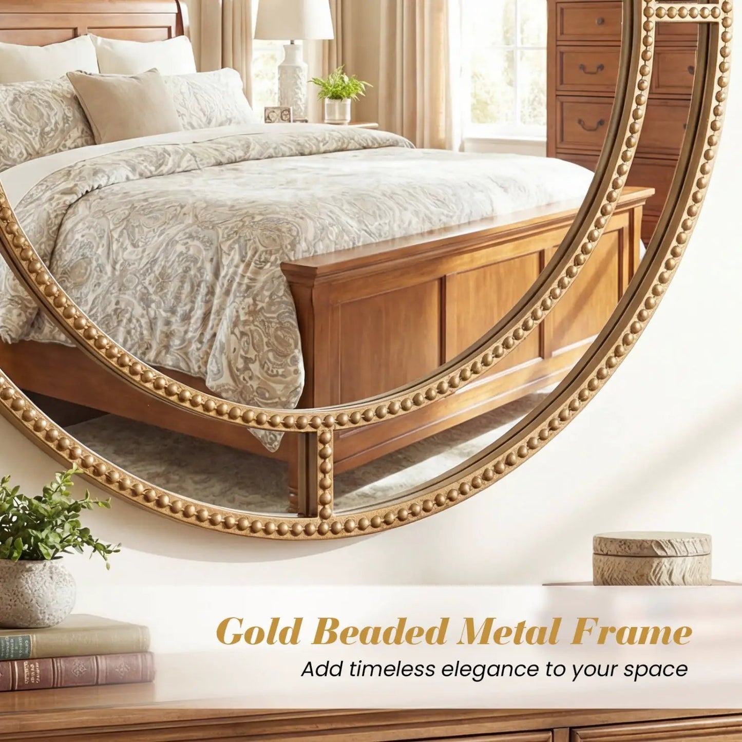 28 Inch Gold Round Wall Mirror with Beaded Frame DirectDeals in a bedroom with a wooden bed on Tampa Home & Garden Store