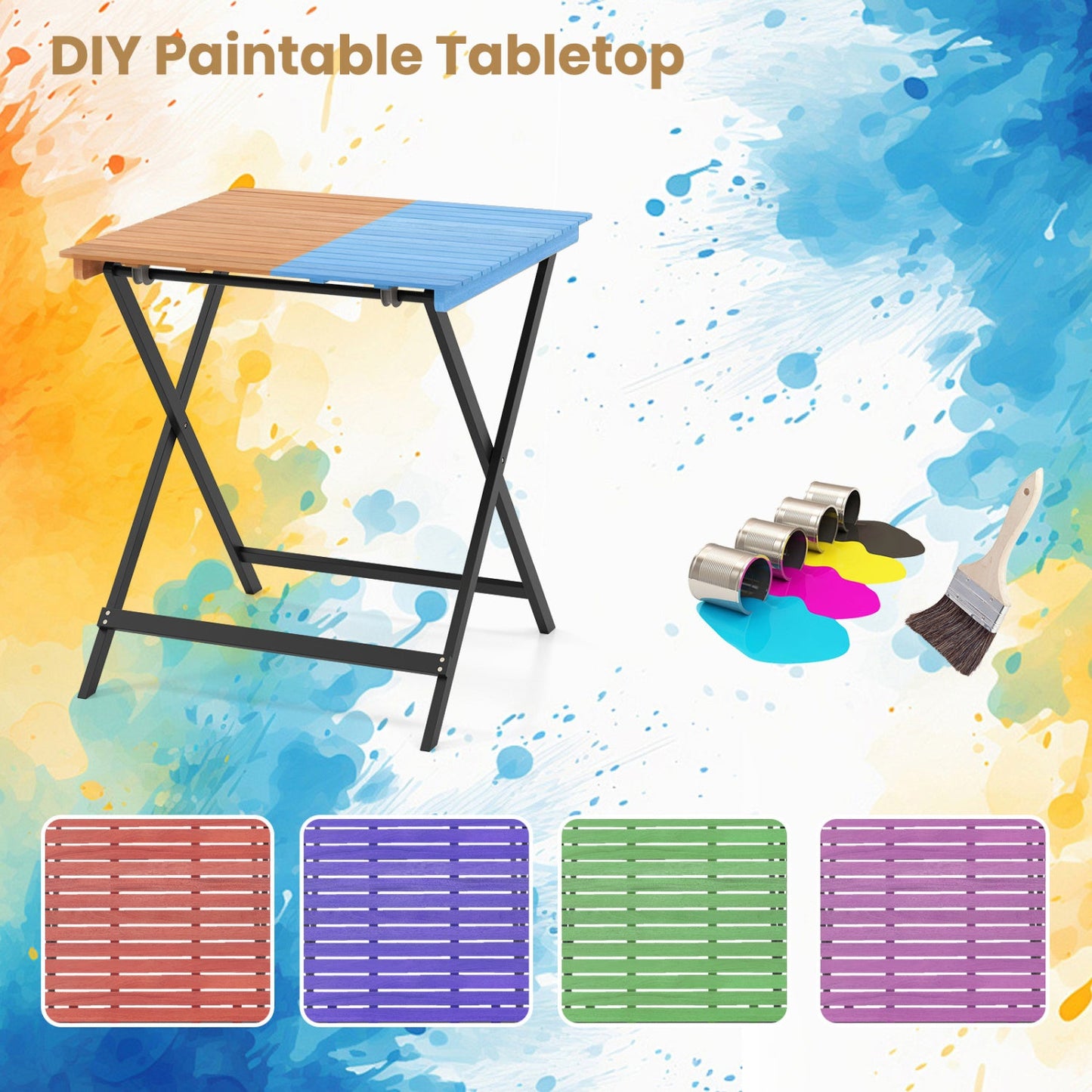 28 Inch Patio Folding Table with Slatted Top two-tone brown/blue on black X-frame on Tampa Home & Garden Store