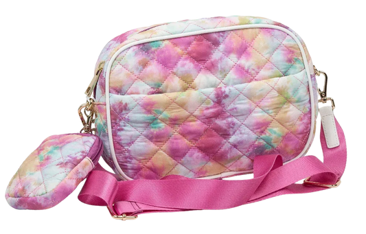 Alyssa nylon quilted crossbody bag with pockets in a pastel multicolor pattern pink strap on Tampa Home & Garden Store