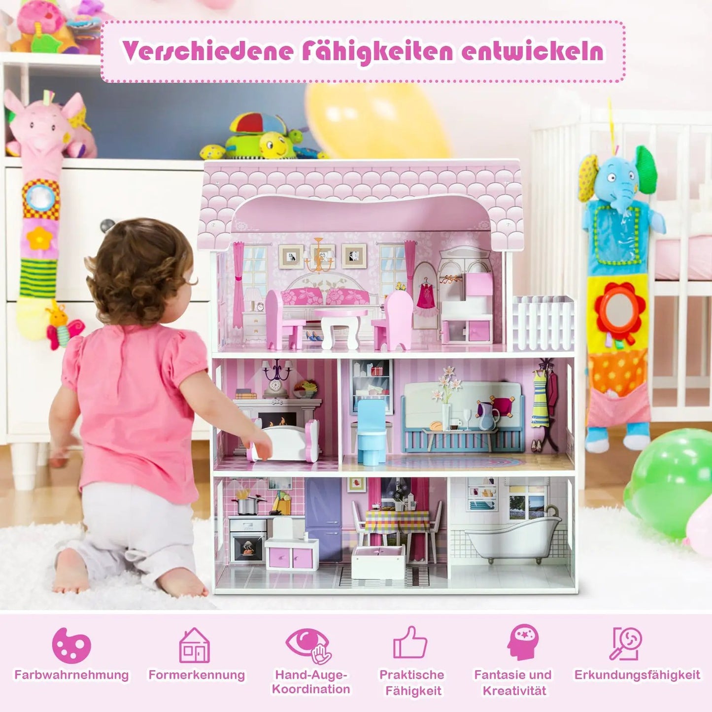 28-inch pink three-story dollhouse with furniture playset DirectDeals on Tampa Home & Garden Store
