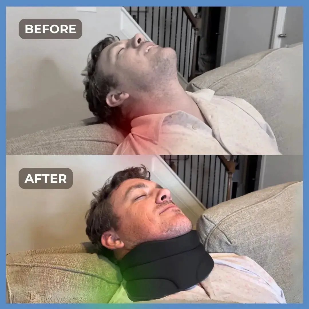Moktan Sabai anti snoring neck pillow black travel pillow shown in before-after demo on Tampa Home & Garden Store