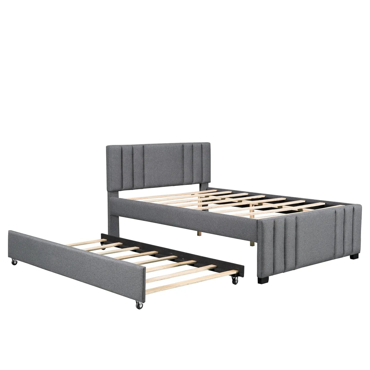 Full grey upholstered platform bed with tufted headboard and rolling trundle on Tampa Home & Garden Store