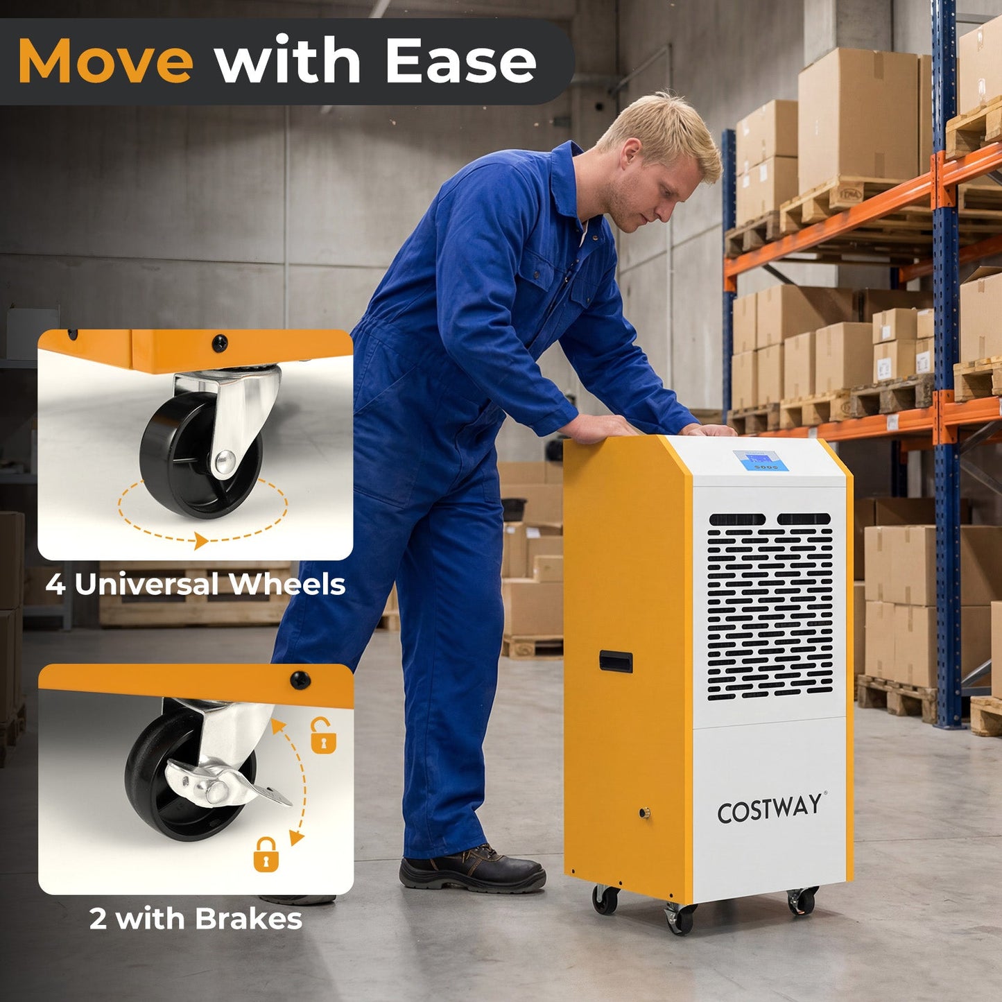 290 Pints Commercial Dehumidifier with Pump and Drain Hose, yellow COSTWAY unit on wheels on Tampa Home & Garden Store