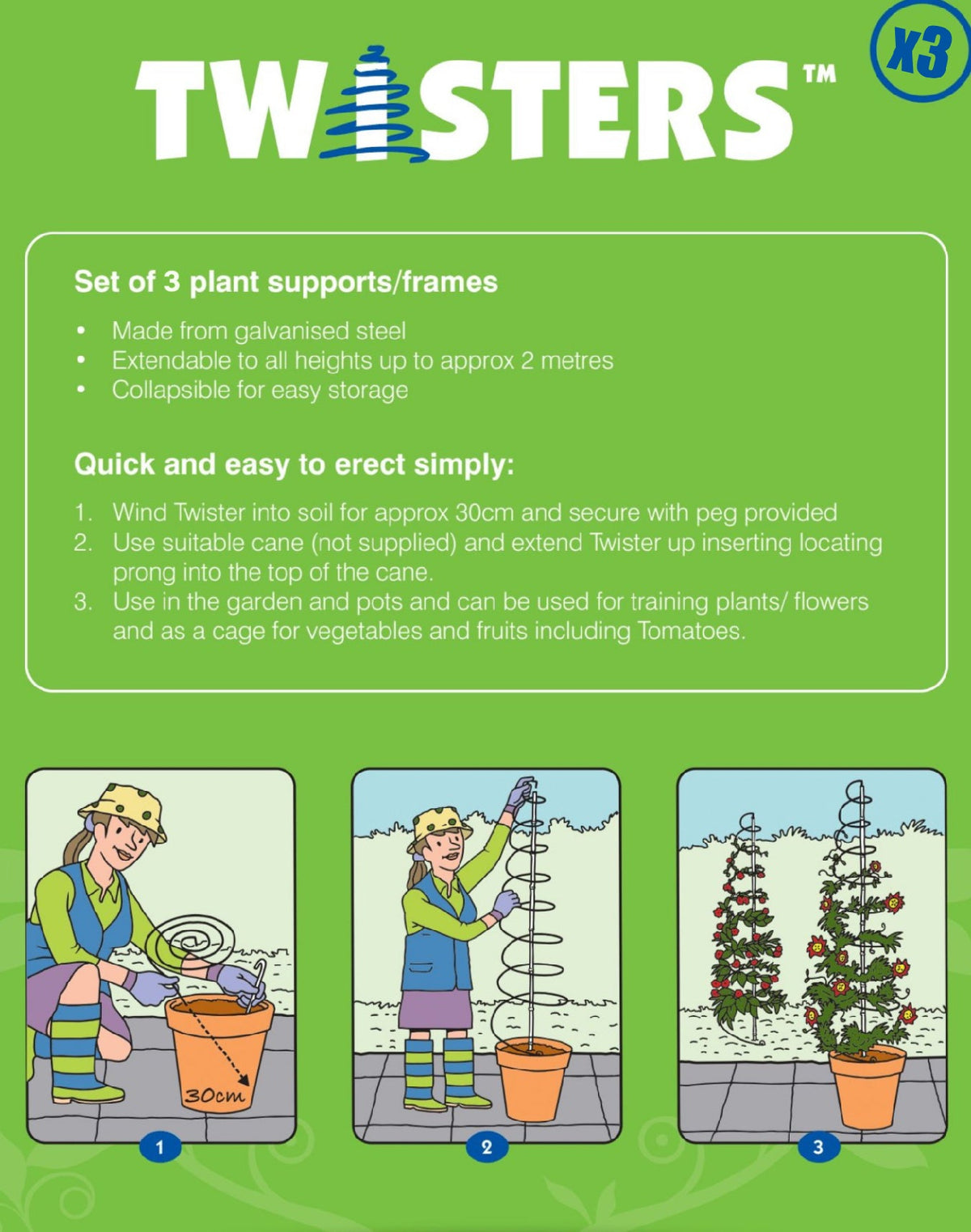 Twisters Extendable Plant Supports Set of 3, galvanised steel frames, extendable up to 2m on Tampa Home & Garden Store