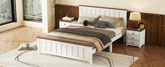 Full size white wood platform bed with slats headboard, beige bedding, wood top rails on Tampa Home & Garden Store