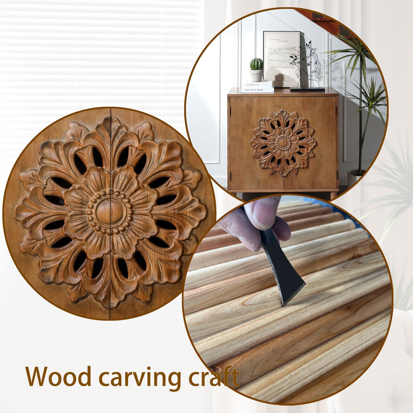 Rustic hand-carved wooden 2-door accent cabinet by HouseOfZazla with floral carved panels and warm finish on Tampa Home & Garden Store