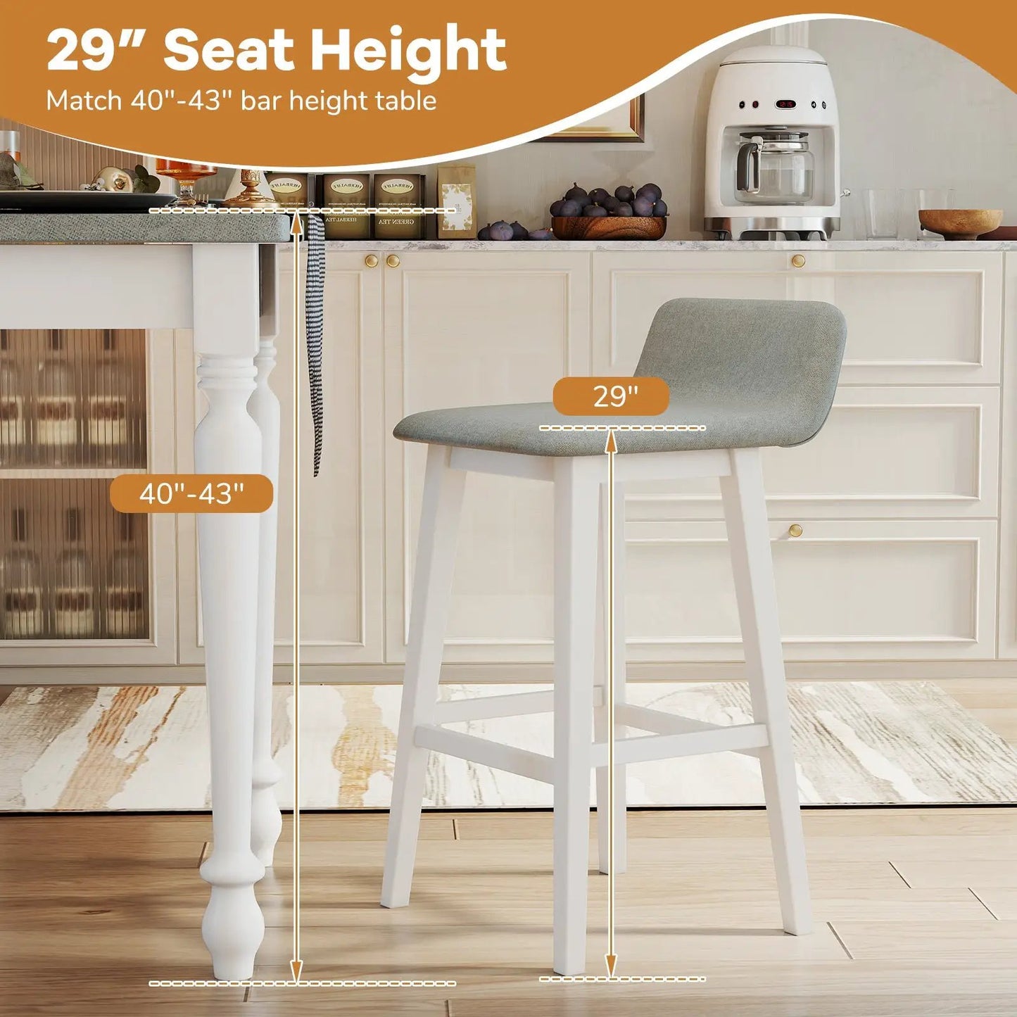 DirectDeals 29-inch low-back padded-seat bar stool with gray fabric upholstery and white legs on Tampa Home & Garden Store