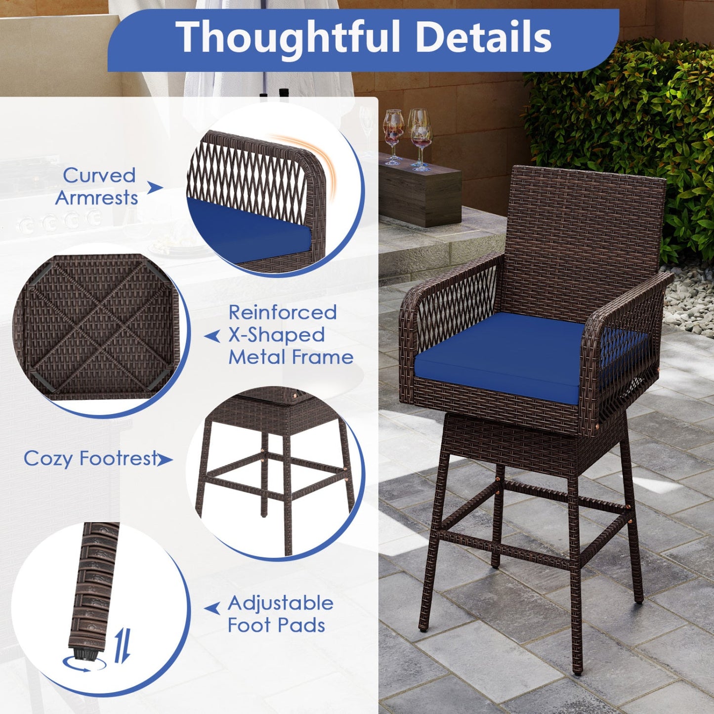 DirectDeals 360° Swivel Bar Stool 29in with blue cushion, brown wicker frame for outdoor patio seating on Tampa Home & Garden Store