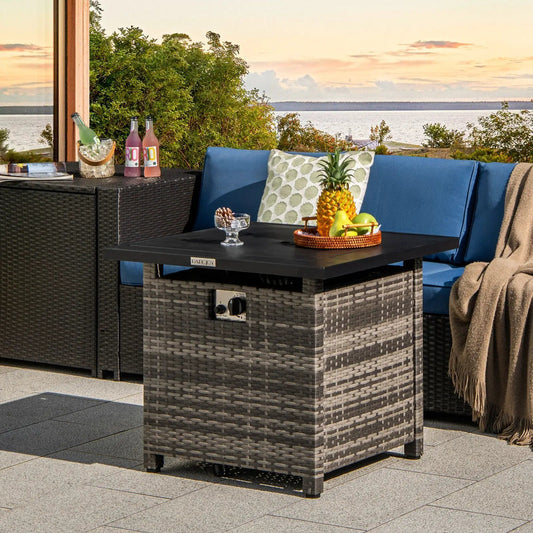 29 Inch Propane Rattan Firepit Table with Lava Rocks and Protective Cover-Gray - Tampa Home & Garden Store