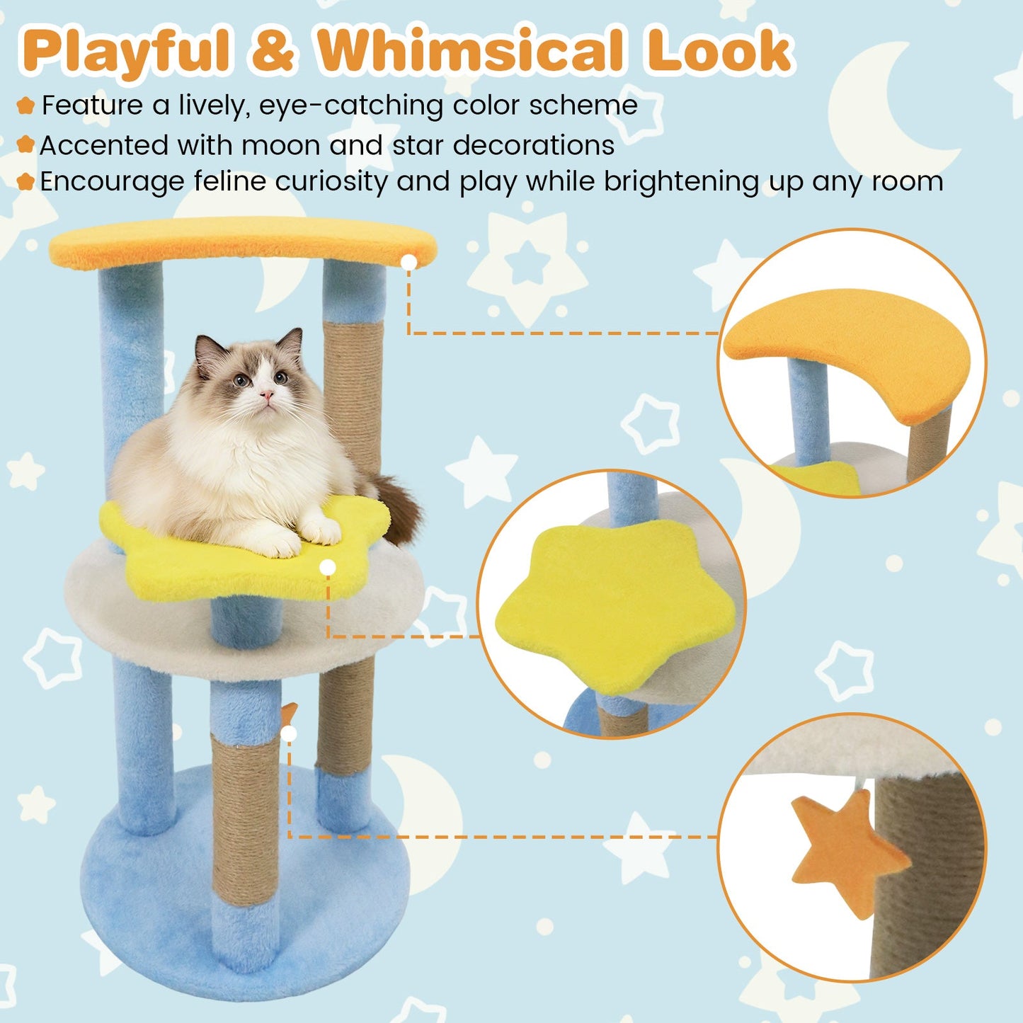 29 Inches Cat Tree Star Moon Platforms blue plush tower DirectDeals yellow star platforms on Tampa Home & Garden Store