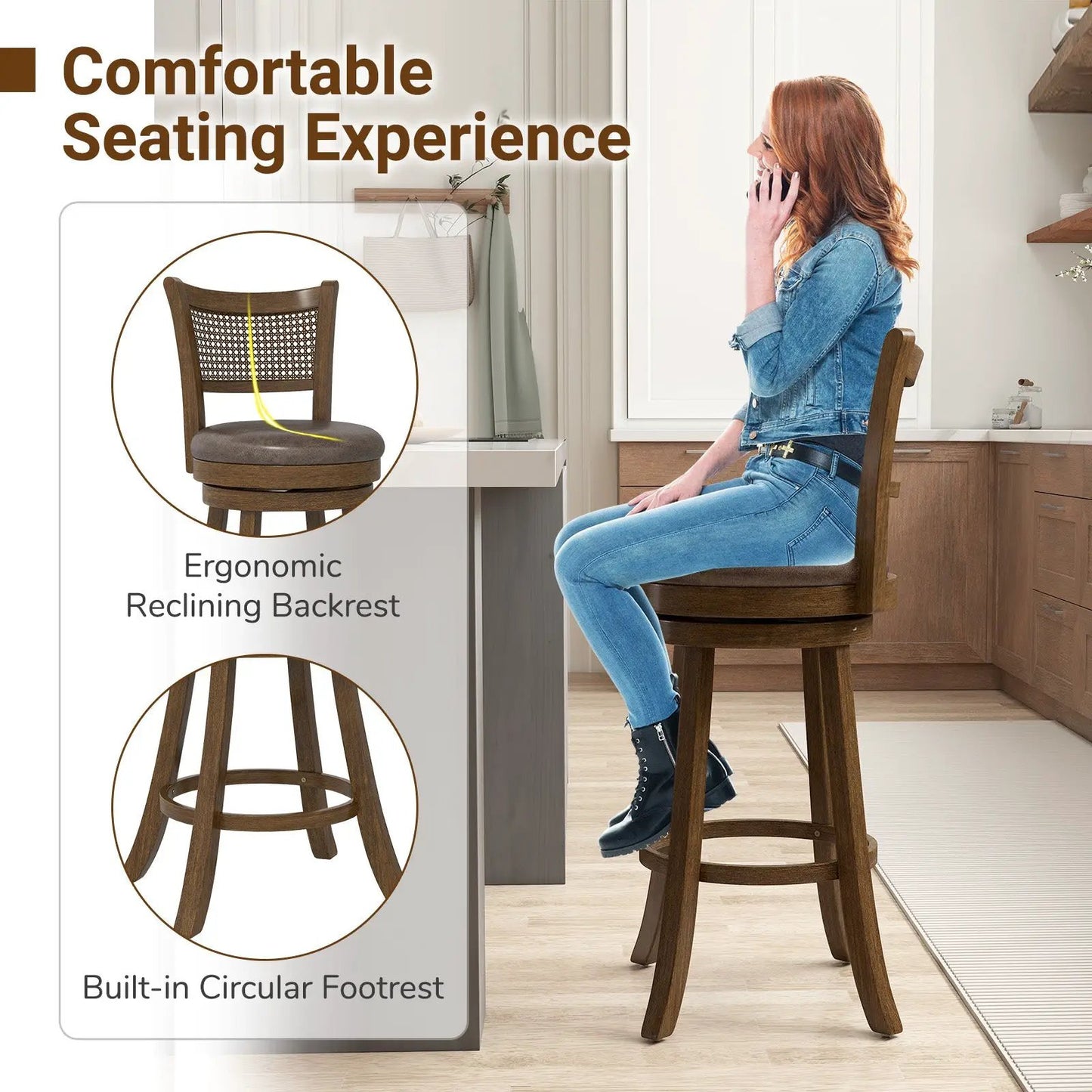 29-Inch swivel counter-height barstool brown wood with woven backrest and circular footrest on Tampa Home & Garden Store