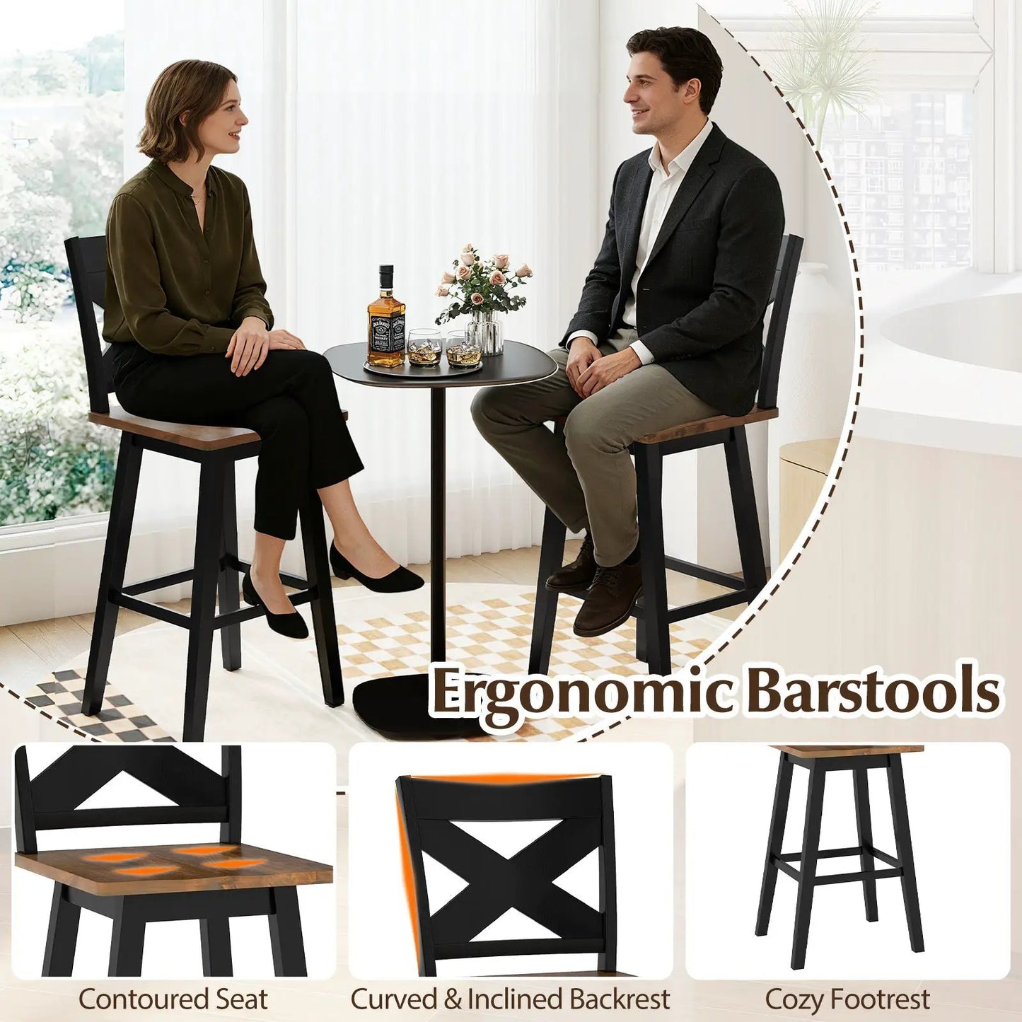 Set of four rubberwood swivel barstools with contoured seats and black frames on Tampa Home & Garden Store