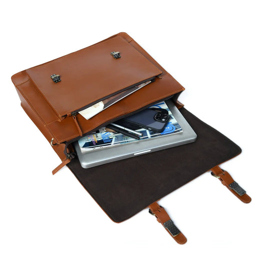 Denver buffalo leather laptop briefcase in tan with front buckle closures and neat interior on Tampa Home & Garden Store
