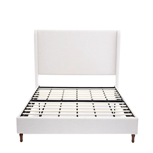 Harper tall upholstered bed with high beige headboard and slatted base on Tampa Home & Garden Store