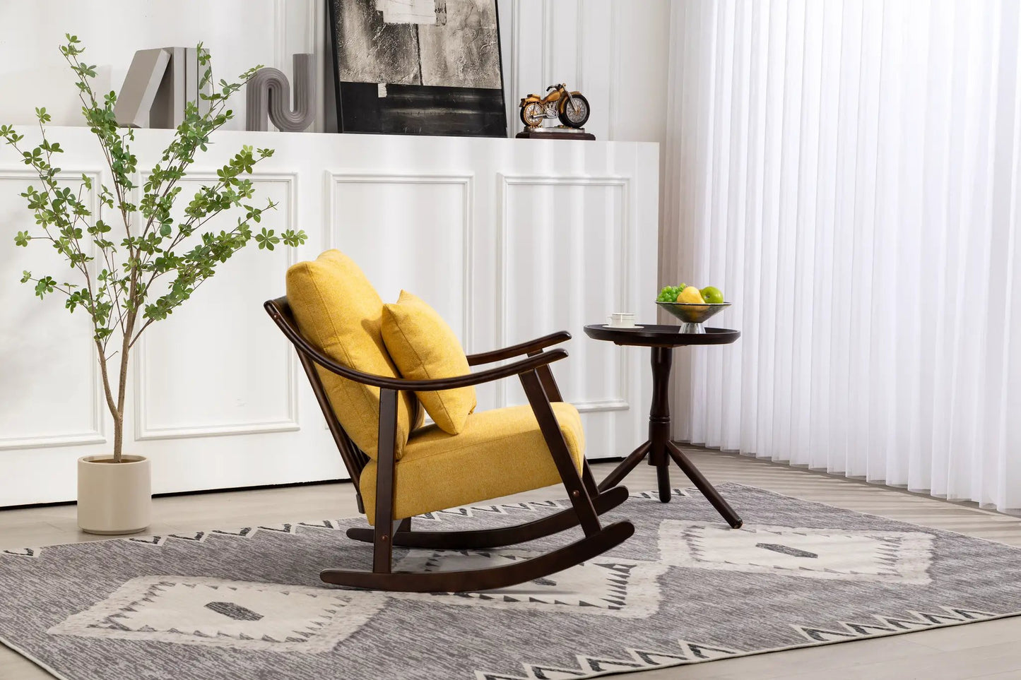 Chaise d'appoint moderne du milieu du siècle en tissu tissé, fauteuil à bascule rembourré confortable avec bois massif pour salon, chambre à coucher, balcon