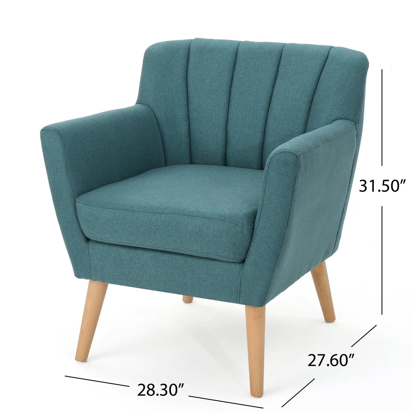 Mid Century Modern dark teal fabric arm chair with vertical tufting and natural wood legs on Tampa Home & Garden Store