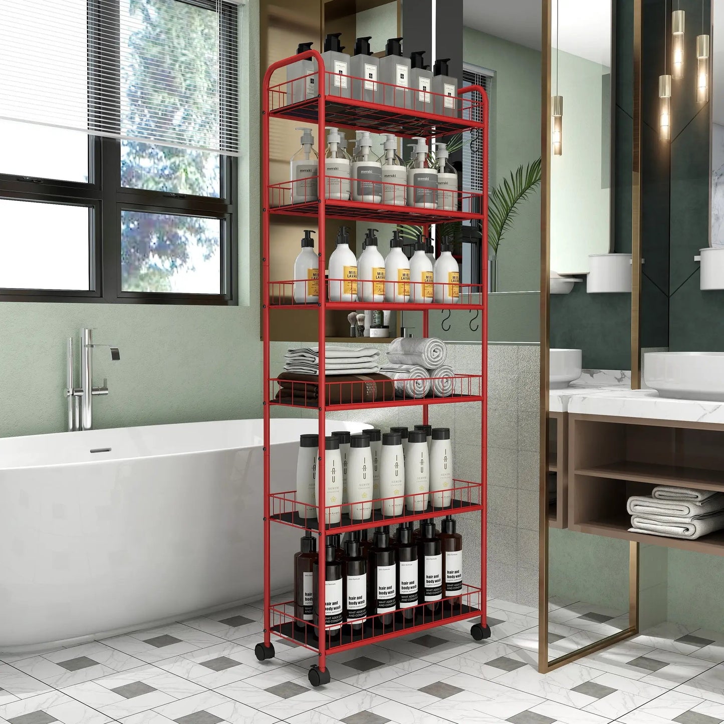 Red 6-tier Slim Rolling Storage Cart with Wheels red metal frame bottle and towel shelves on Tampa Home & Garden Store